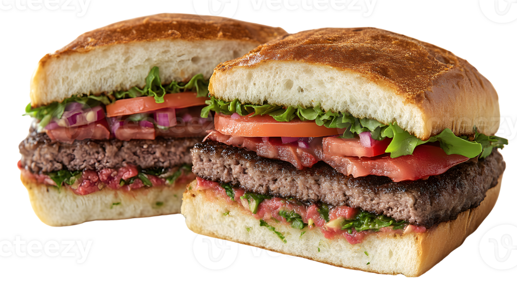 Juicy Beef Burger Slices with Fresh Vegetables on Artisan Bun png