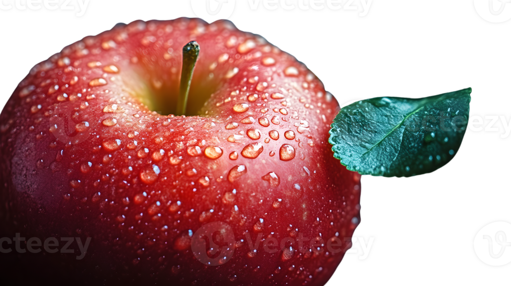 Red Apple with Water Drops and Leaf CloseUp Photography png