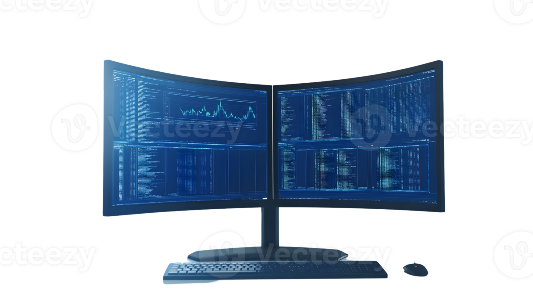 Dual Screen Computer Setup with Data Analysis and Charts png