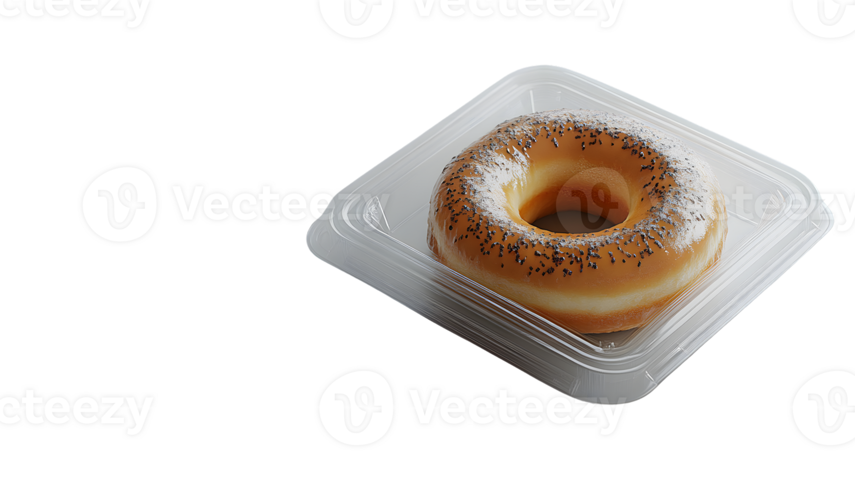 Freshly Baked Bagel in Clear Plastic Container with Poppy Seeds and Powdered Sugar Ideal for F png