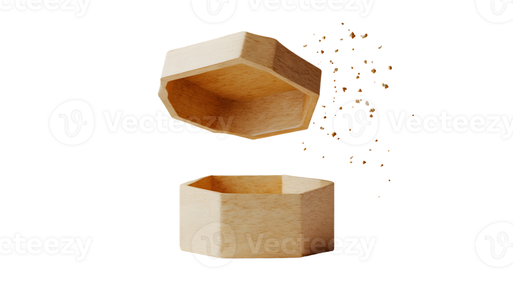 Wooden Box with Lid Open and Crumbs Falling Hexagonal Shape Crafted Design Minimalist Style png