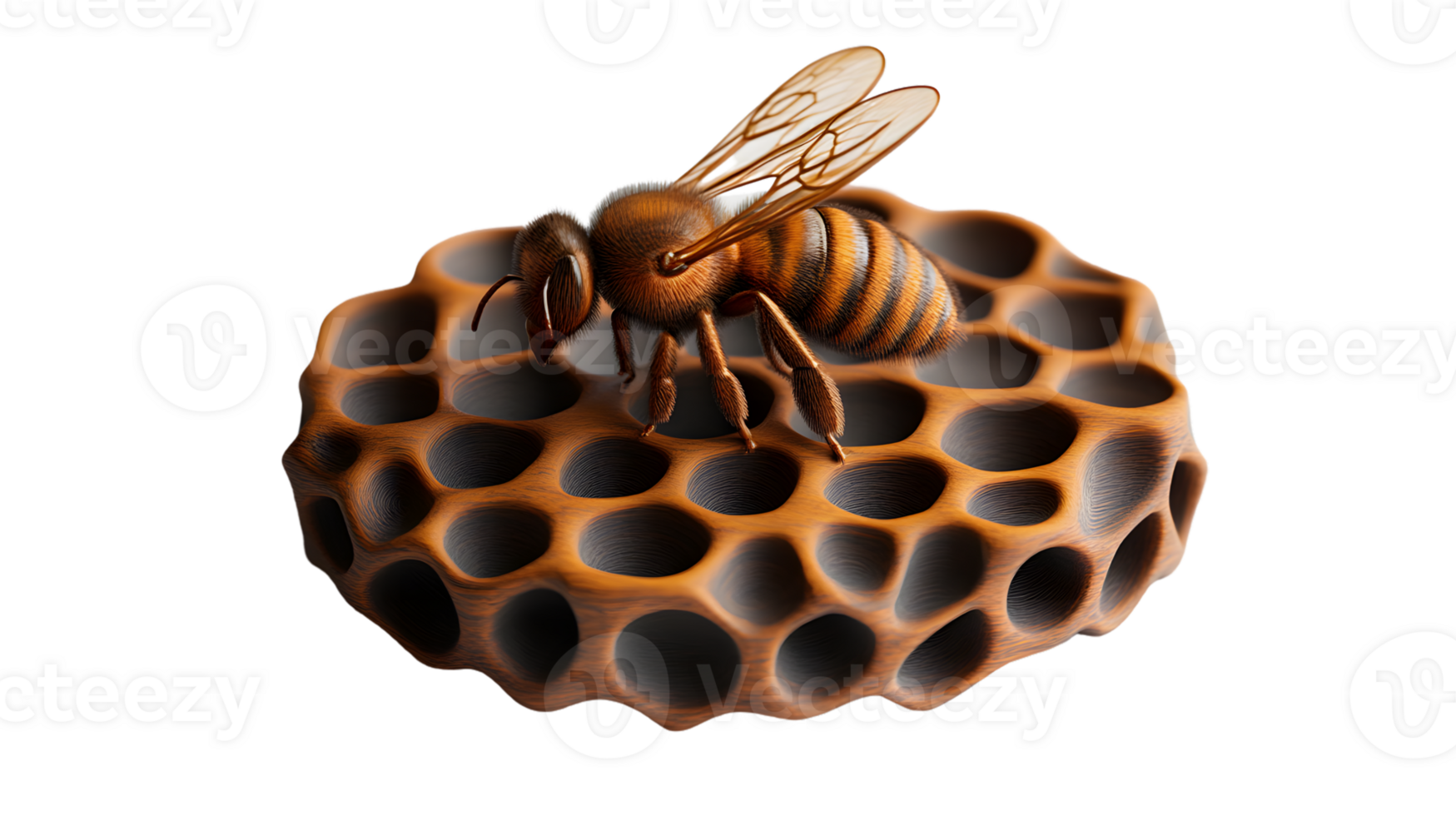 A bee perched on a honeycomb showcasing intricate details of its wings and body for nature and png