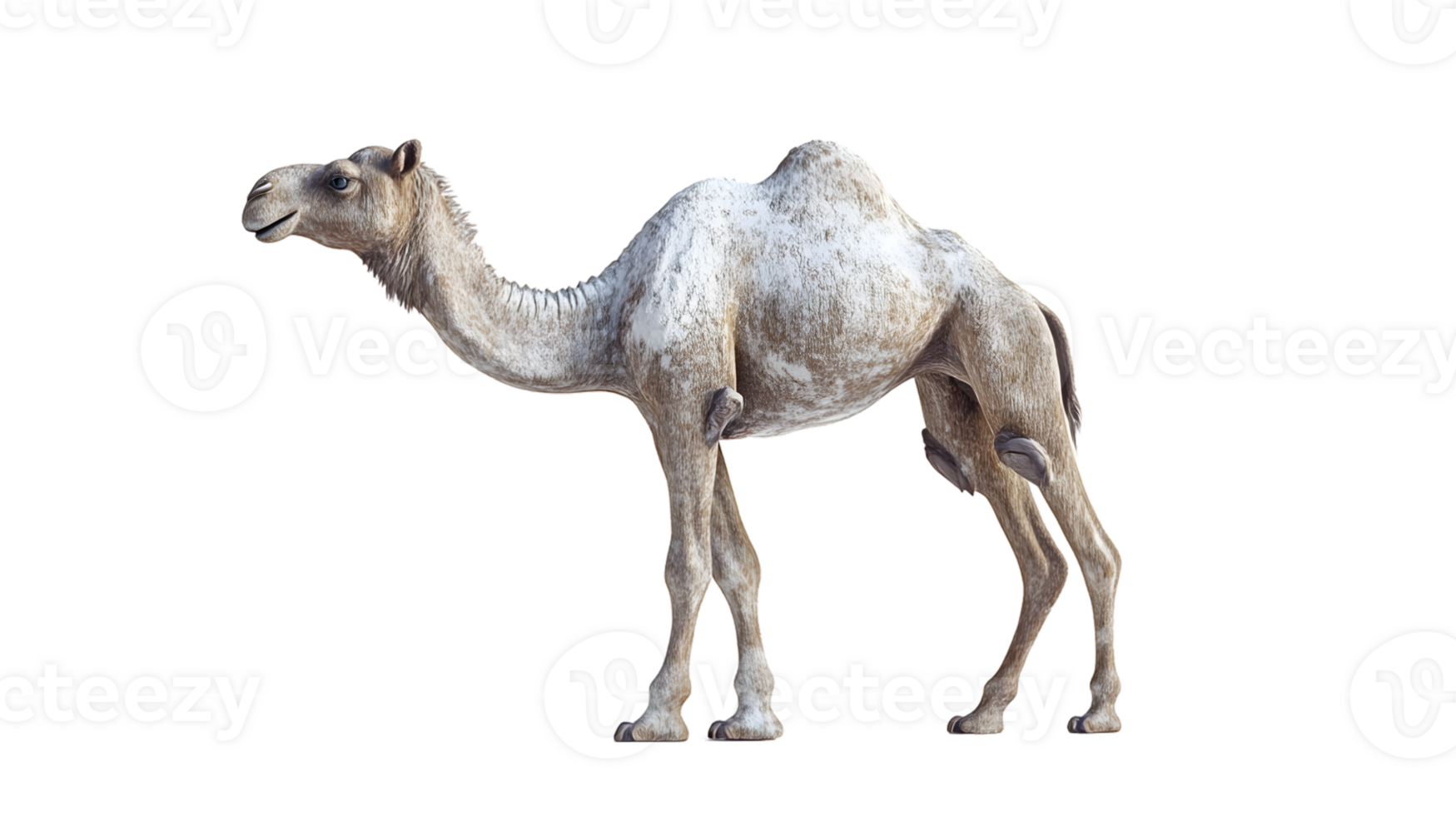 A dromedary camel standing light brown and white coat isolated on black background png