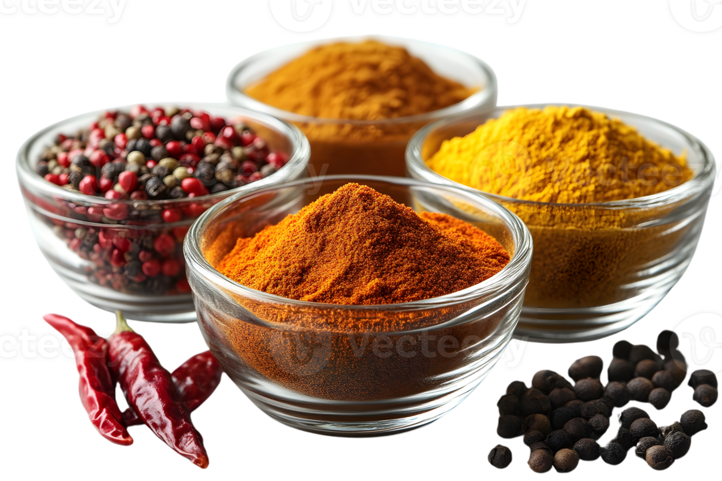 Spicy Seasoning Powders and Peppercorns in Glass Bowls png
