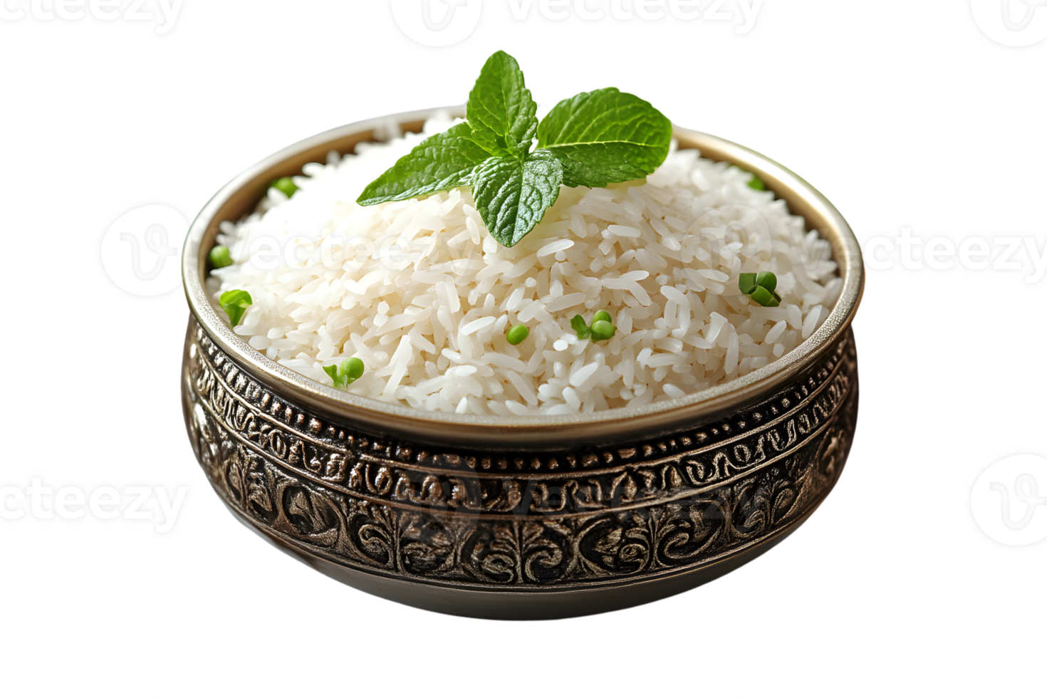 Steaming White Rice in an Ornate Bowl with Fresh Herbs and Peas Ideal for Culinary and Food Ph png