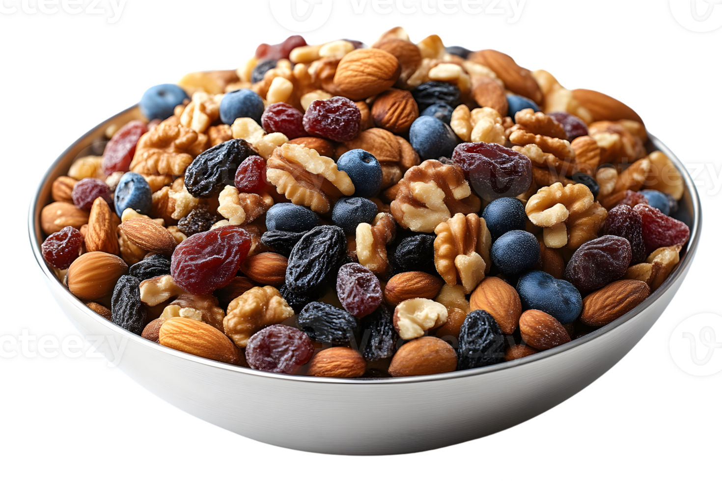 Trail Mix Almonds Walnuts Raisins and Blueberries in a Bowl png