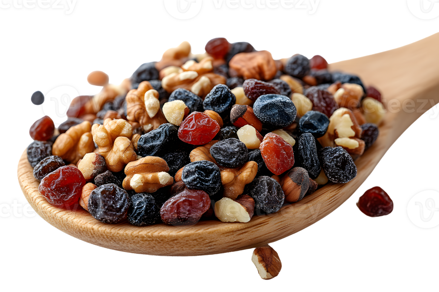 Trail Mix of Nuts and Dried Fruits in Wooden Spoon png