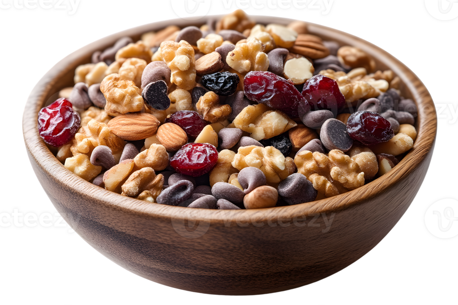 Trail Mix Snack in Wooden Bowl Healthy Nuts Seeds and Dried Fruit Mix png