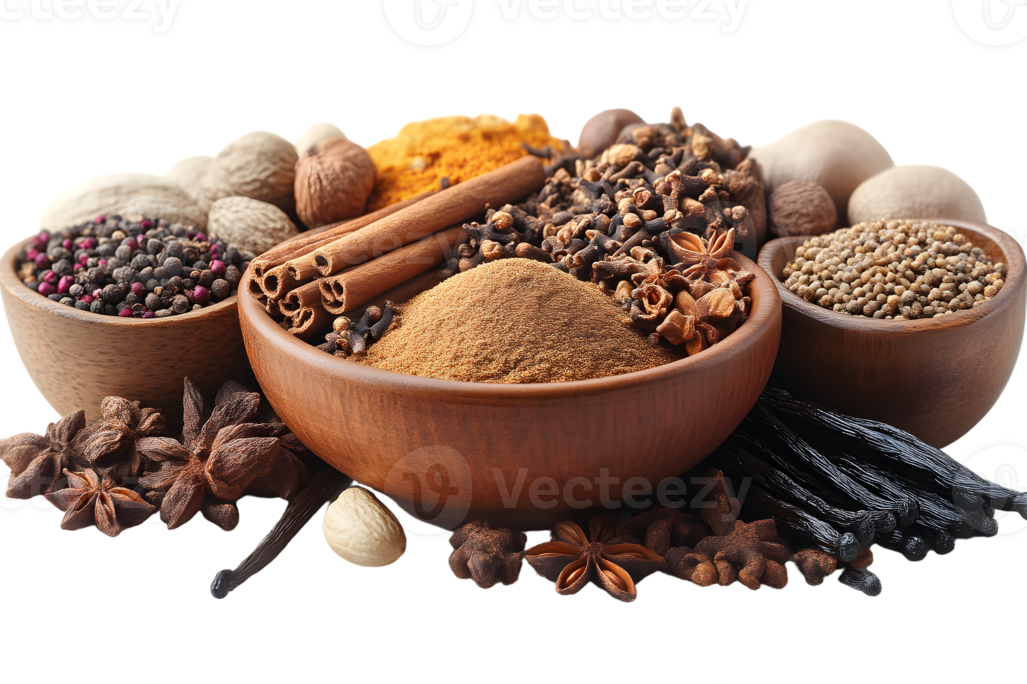 Variety of Aromatic Spices and Herbs in Wooden Bowls png