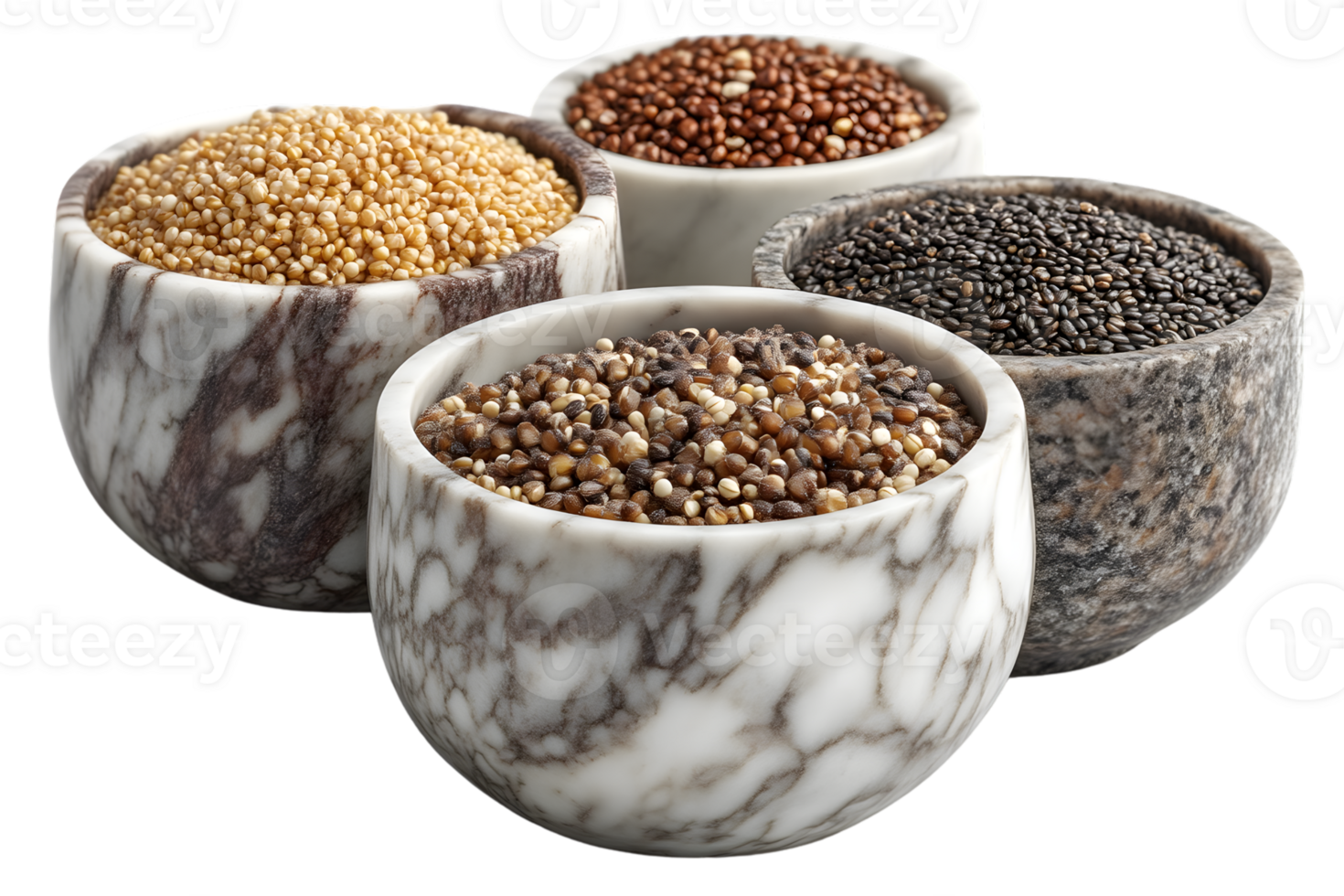 Various Grains and Seeds in Marble Bowls png