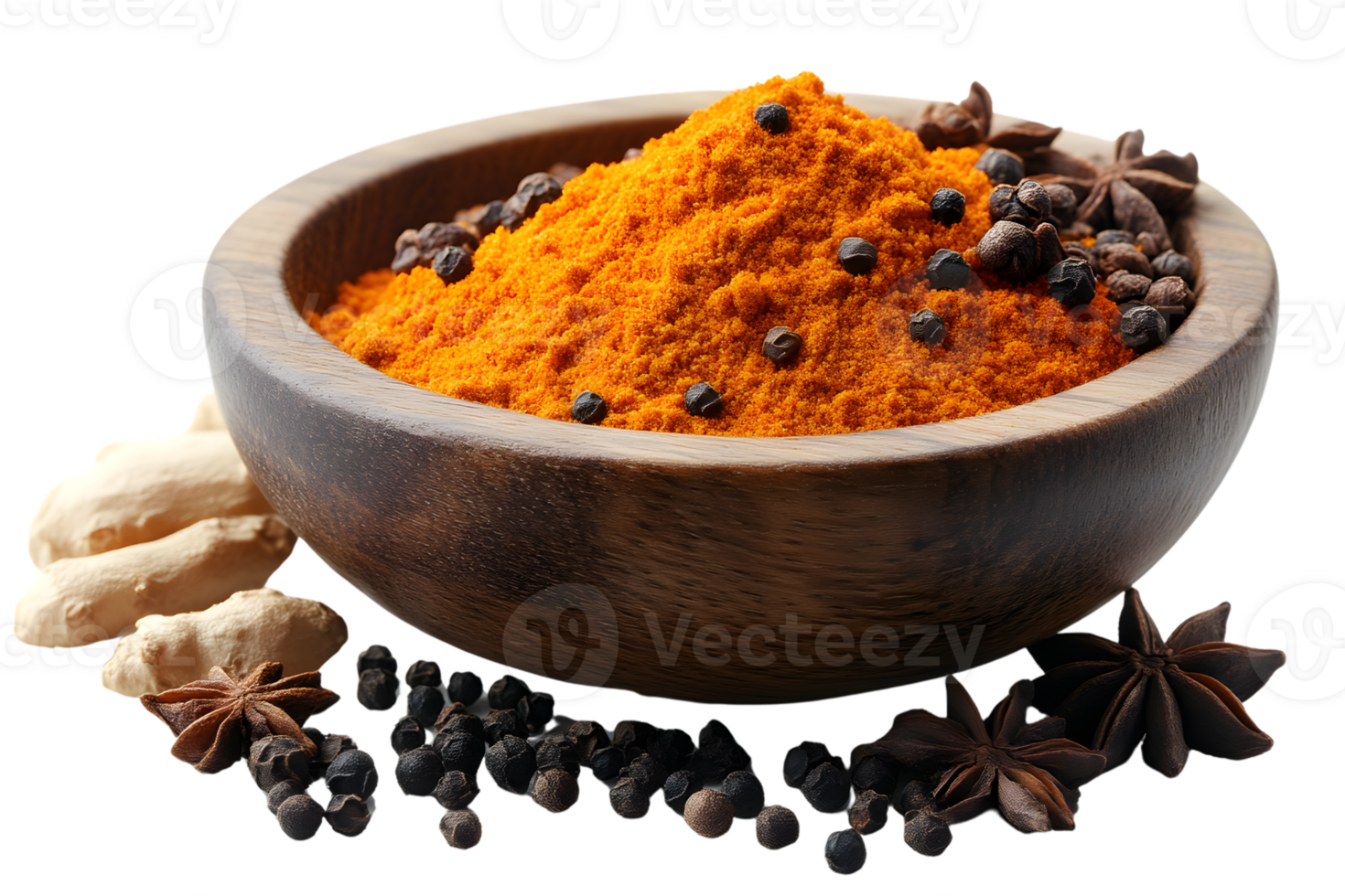 Wooden Bowl of Turmeric Powder Spices and Ginger png