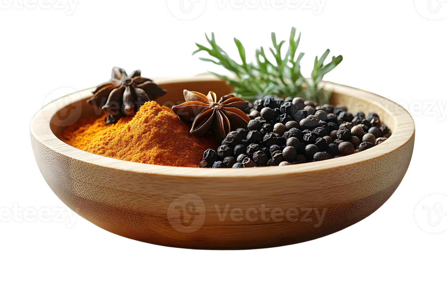 Wooden Bowl of Spices Turmeric Peppercorns and Star Anise png