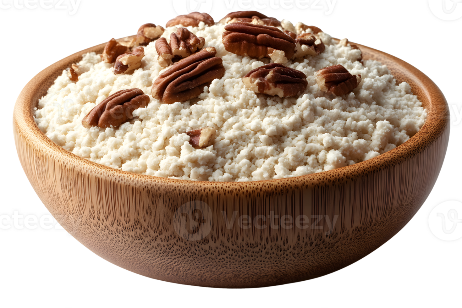 Wooden bowl of white crumbly mixture topped with pecan halves png