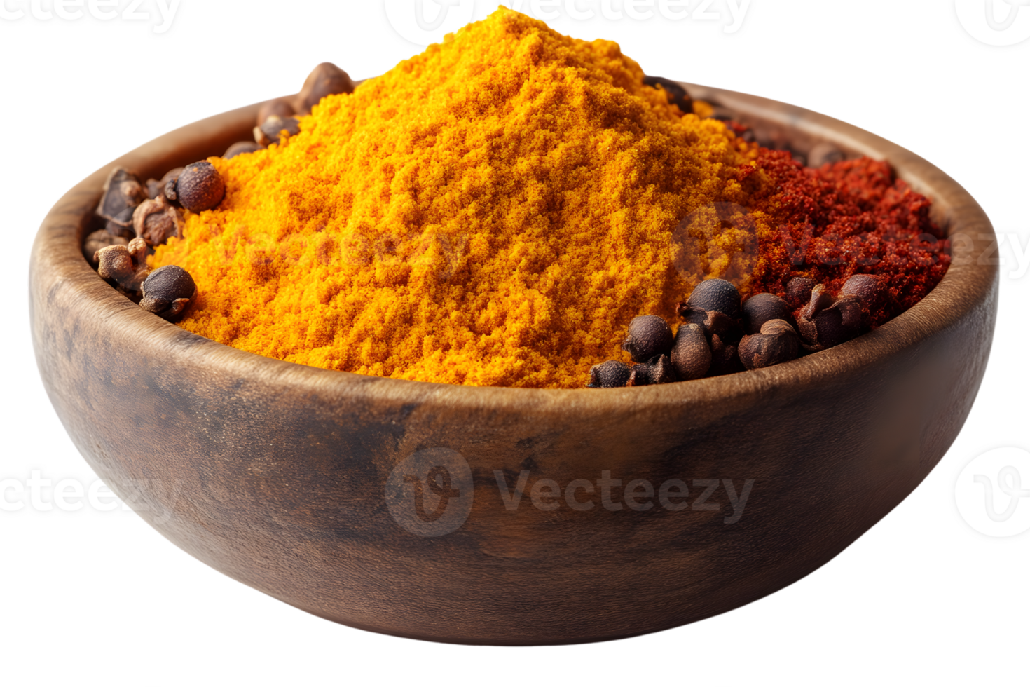 Wooden bowl with assorted spices yellow red and brown powder culinary herbs and food ingredi png