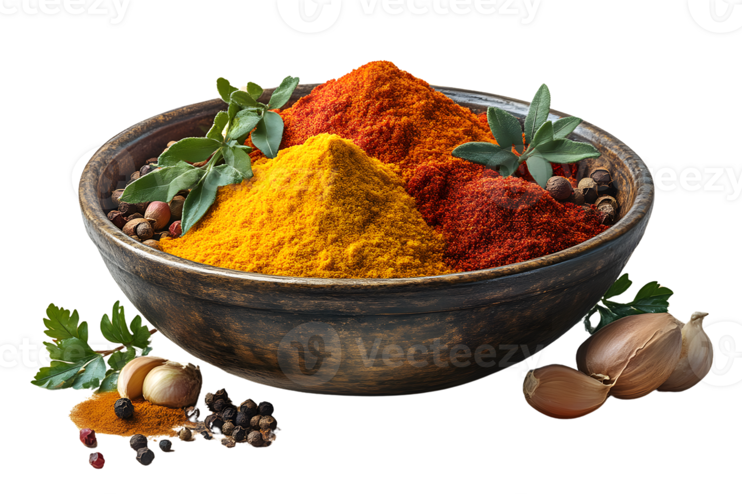 Wooden bowl with assorted spices and herbs png