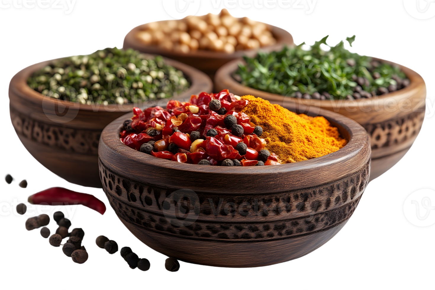 Wooden bowls with assorted spices and herbs png