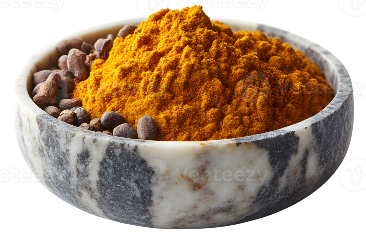 Yellow Spice Powder and Seeds in Marble Bowl png