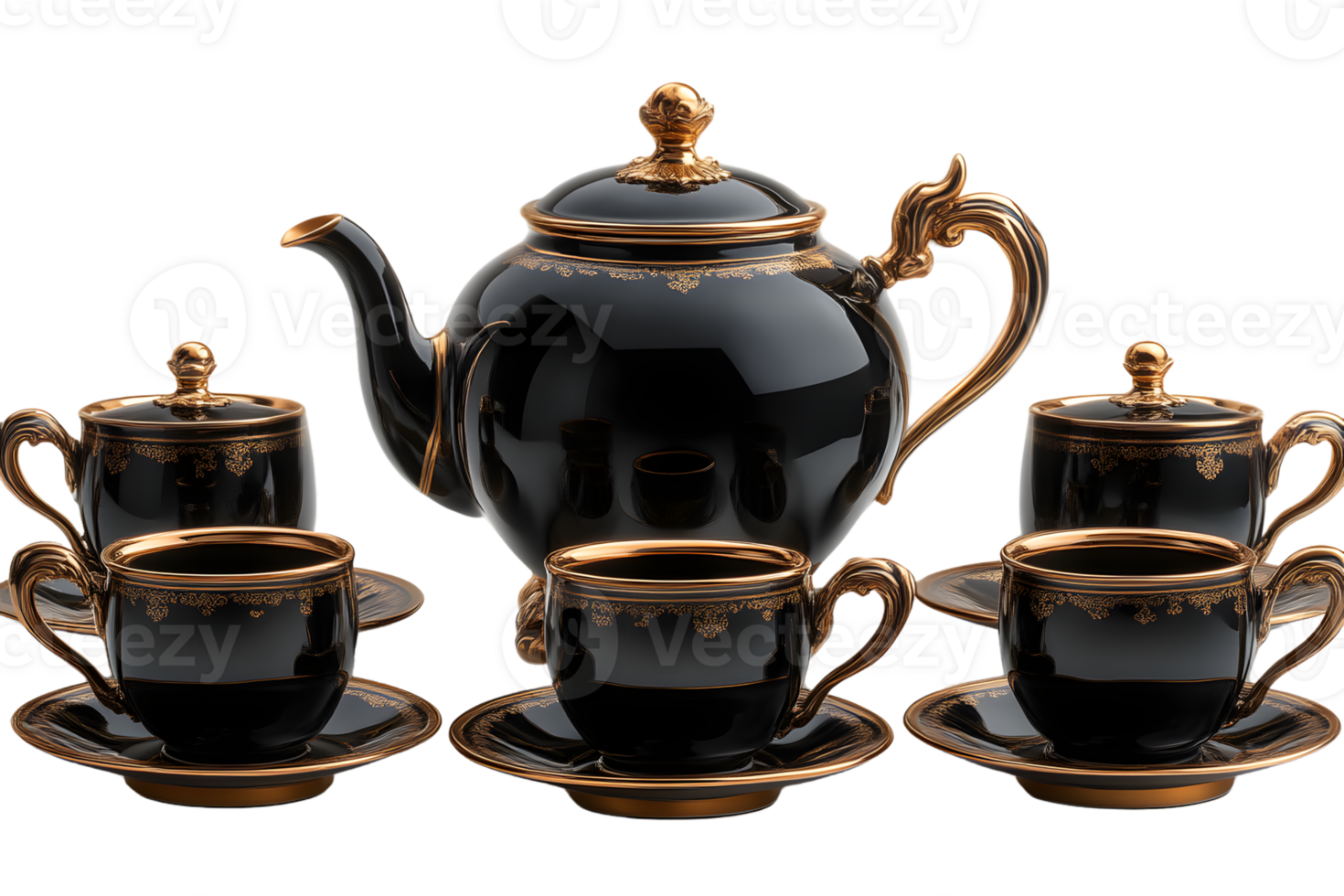 Black and Gold Tea Set Elegant Teacups and Teapot Luxury Tableware Vintage Design png