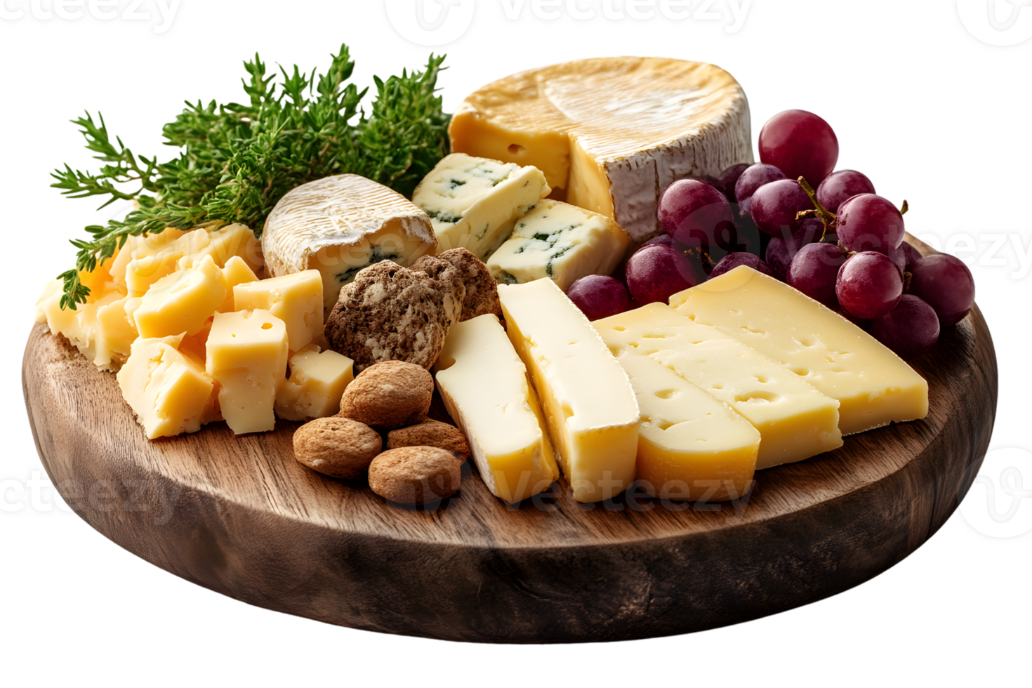 Cheese board with assorted cheeses grapes and crackers png