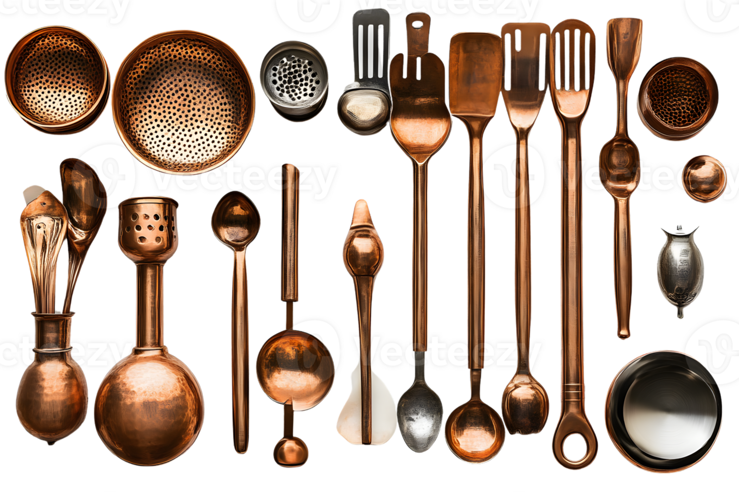 Copper kitchen utensils and cookware set flat lay isolated on black background png