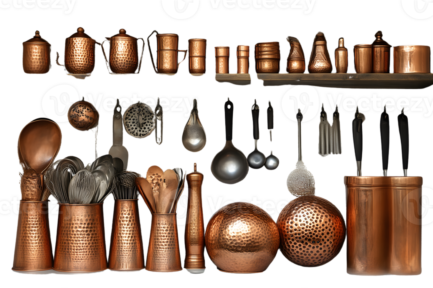 Copper Kitchen Utensils and Cookware Set Hammered Texture Cooking Supplies Home Decor png