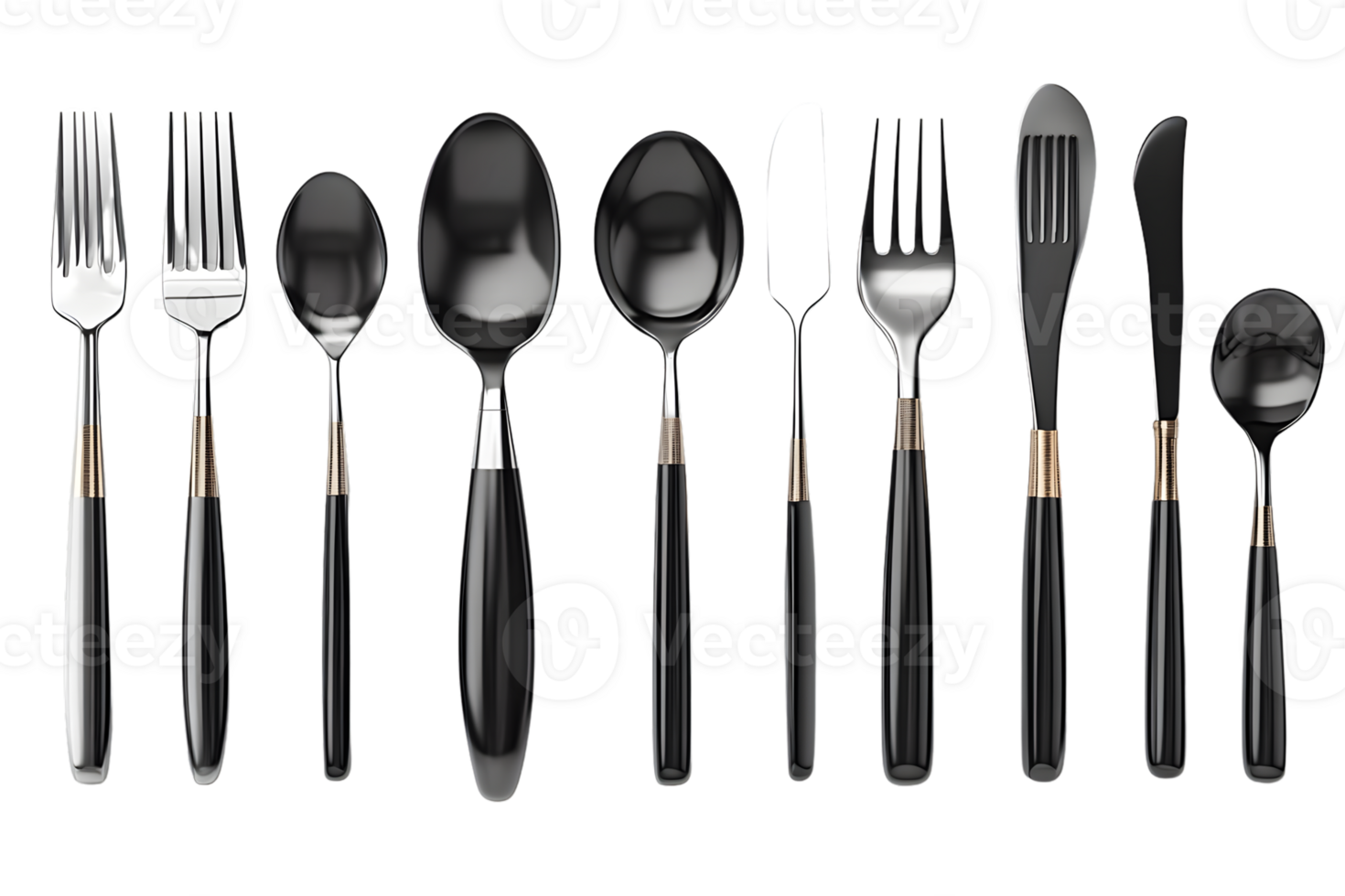 Elegant Black and Gold Cutlery Set Displayed on a Dark Background Perfect for Culinary and Din png