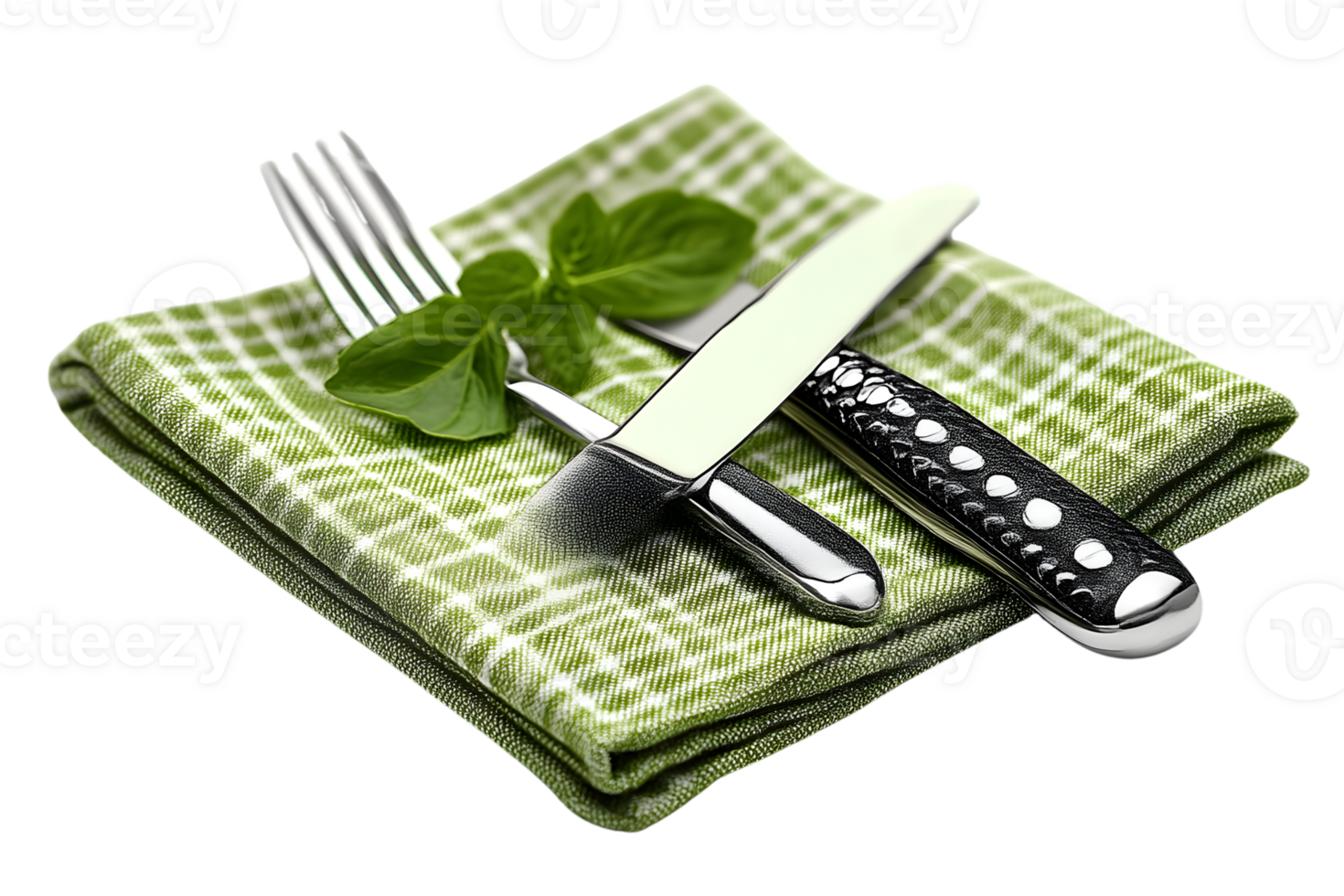 Elegant Cutlery Set on Green Napkin with Herbs png