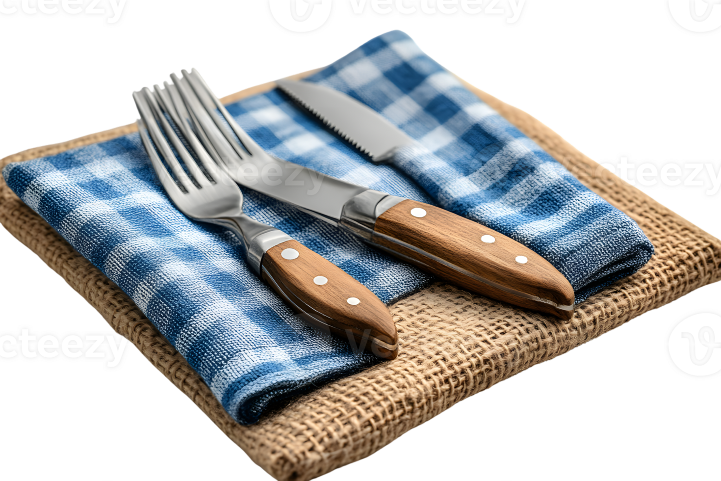 Elegant Cutlery Set on Rustic Tablecloth with Burlap Mat png