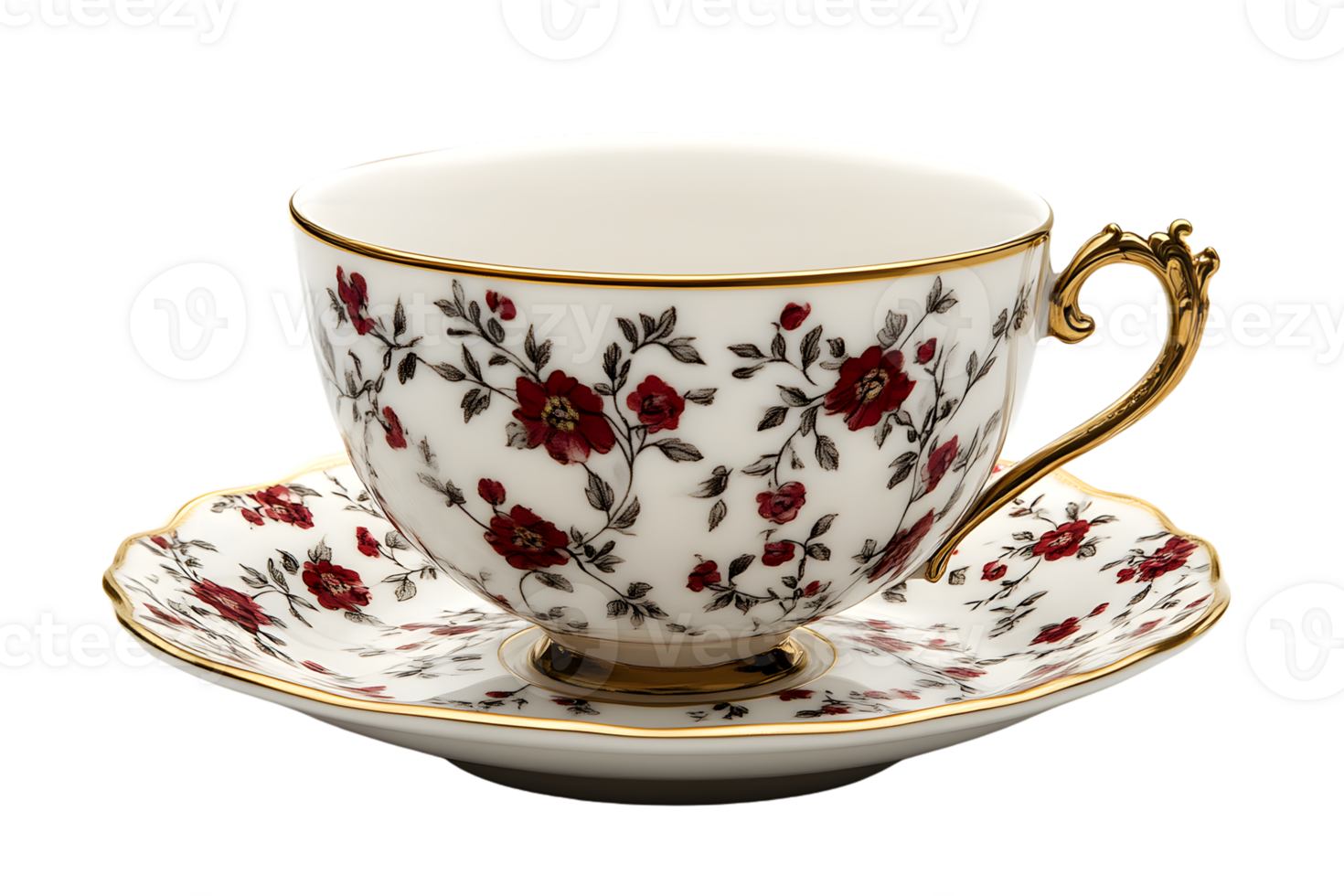 Elegant Floral Teacup and Saucer with Gold Accents for Vintage Tea Time png