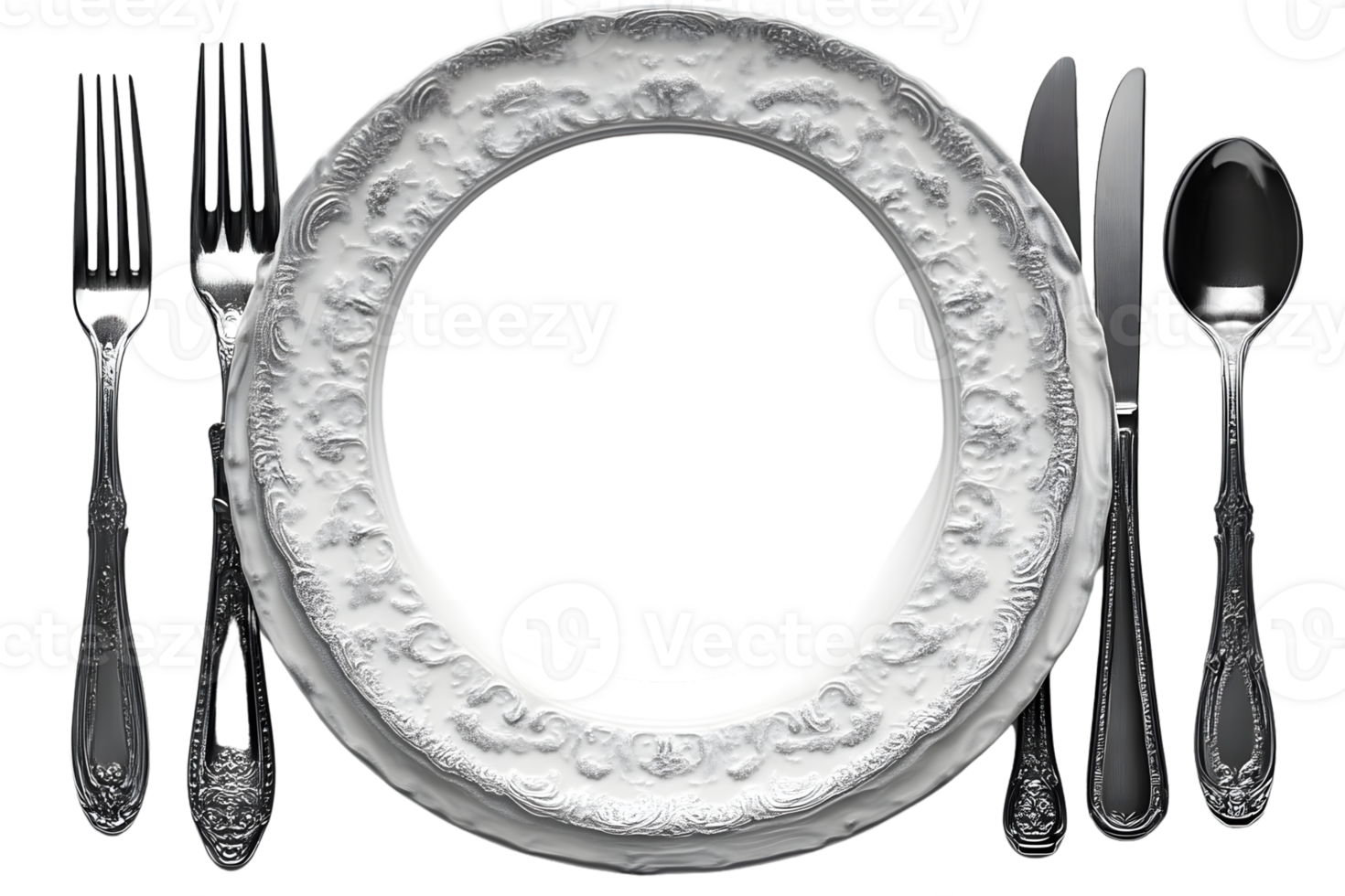 Elegant Ornate Plate with Cutlery Setting png