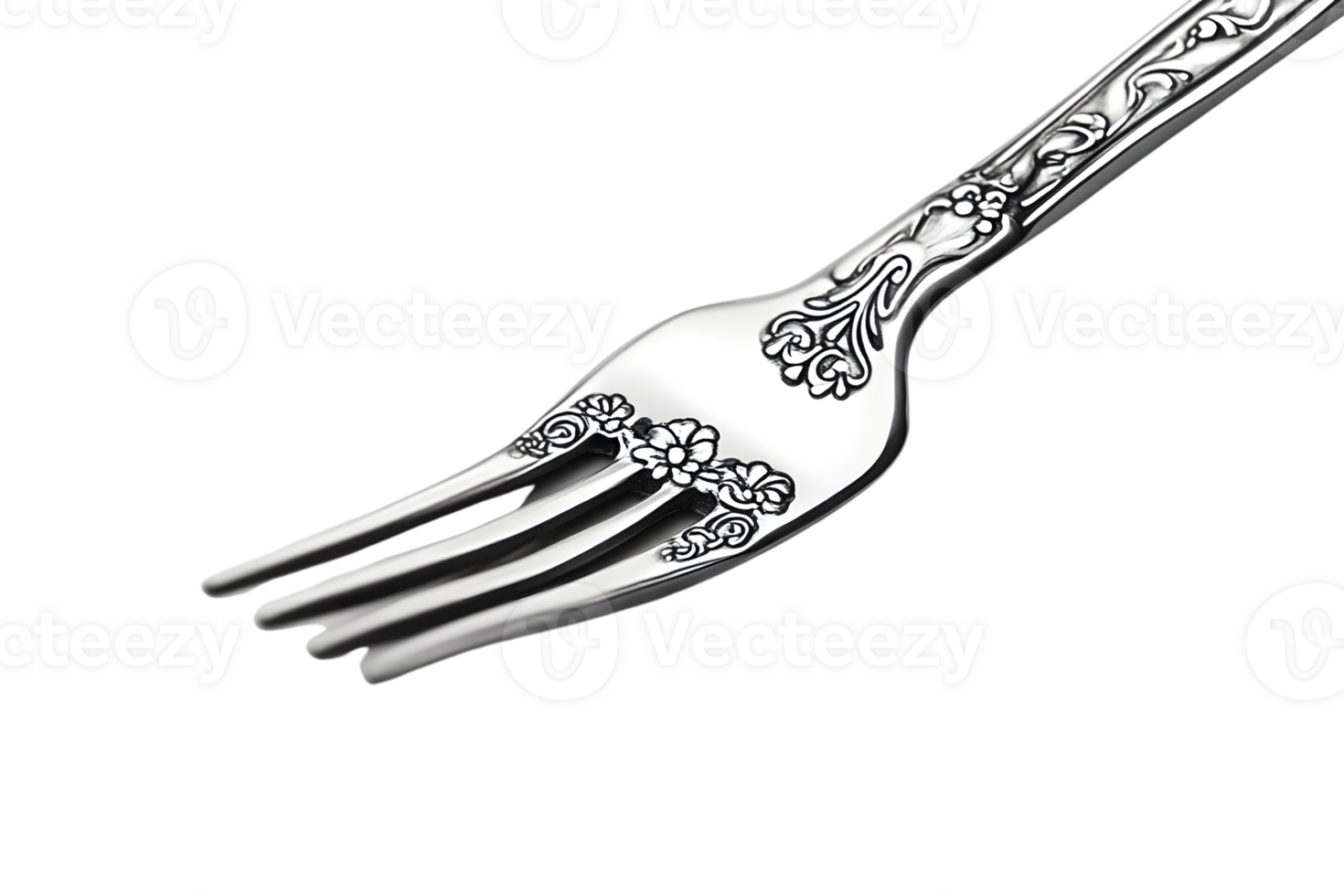 Elegant Silver Fork with Intricate Floral Design on a Black Background png