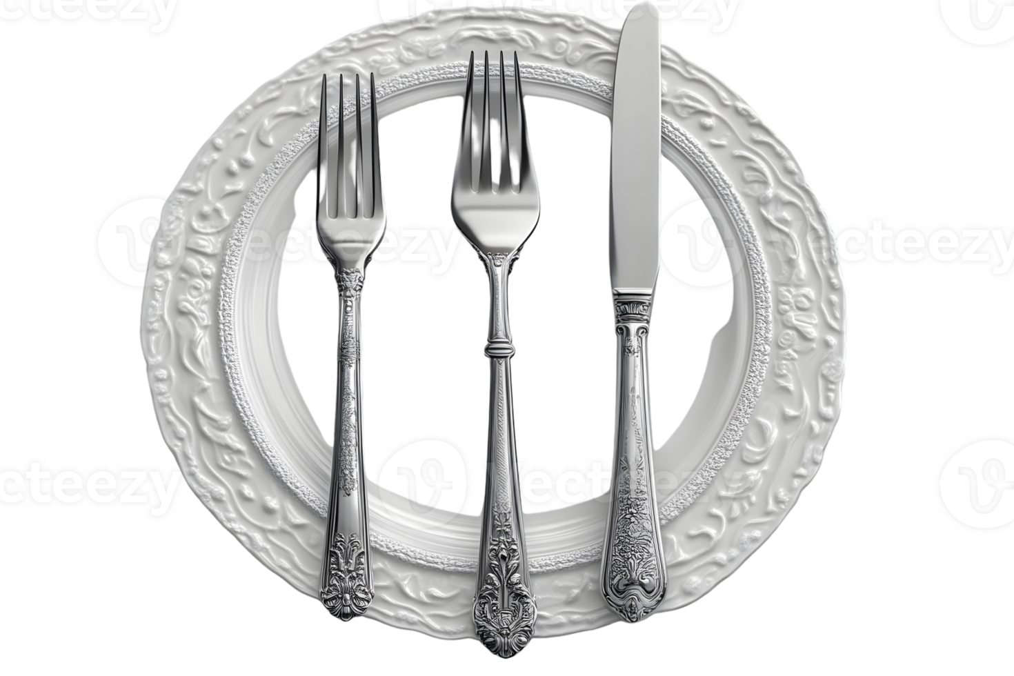 Elegant Silverware Arrangement on a Decorative Plate with Black Background png
