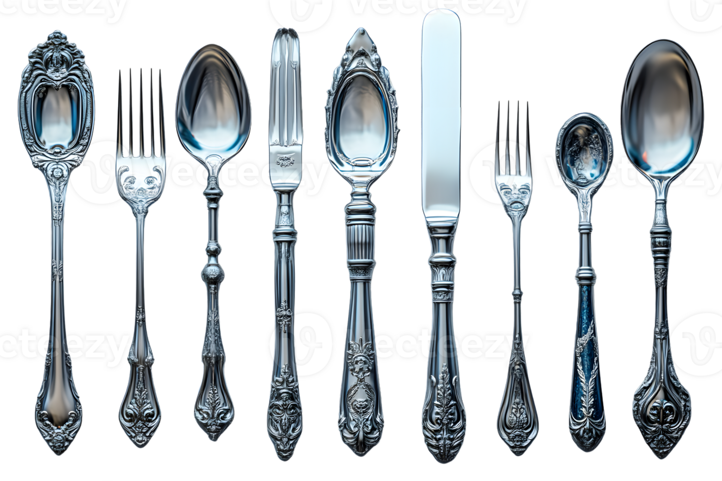 Elegant Silverware Collection Vintage Cutlery with Ornate Handles and Shiny Metallic Finish png