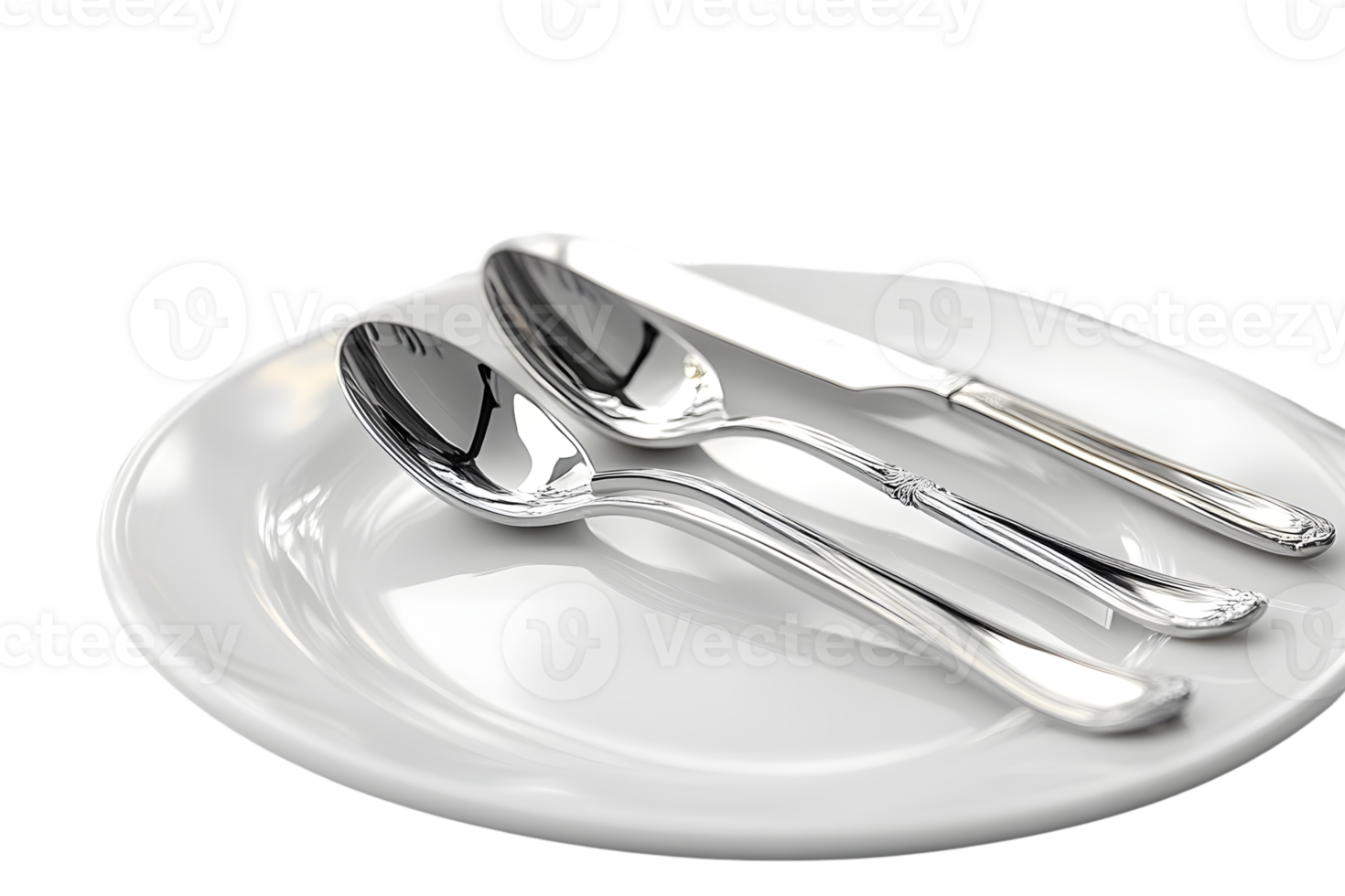 Elegant Silverware Set on White Plate A Modern Dining Table Arrangement with Shiny Cutlery and png