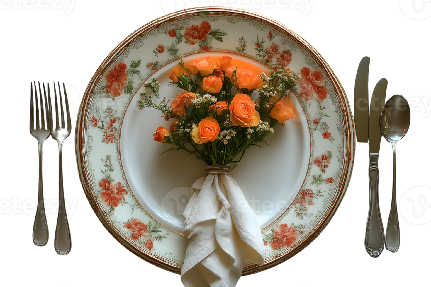 Elegant Table Setting with Orange Roses and Floral Plate Design png