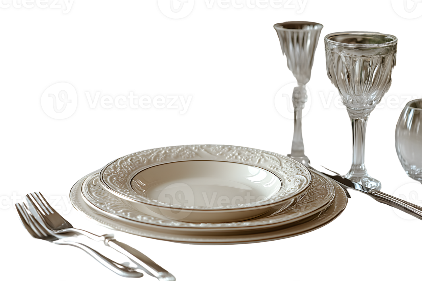 Elegant Table Setting with Fine China and Crystal Glassware for Formal Dining Events png