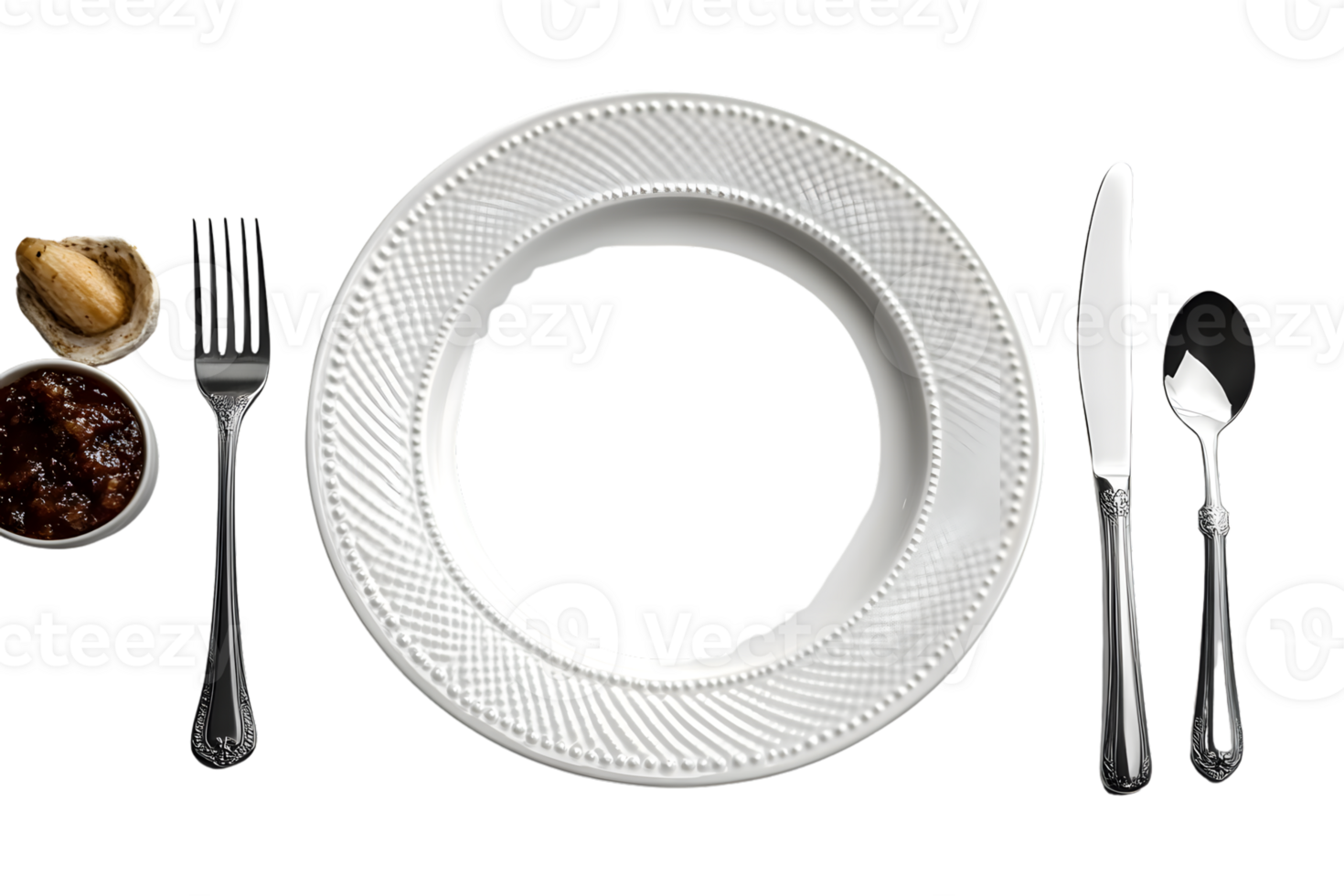 Elegant Table Setting with White Plate Silverware and Condiments on Black Background png