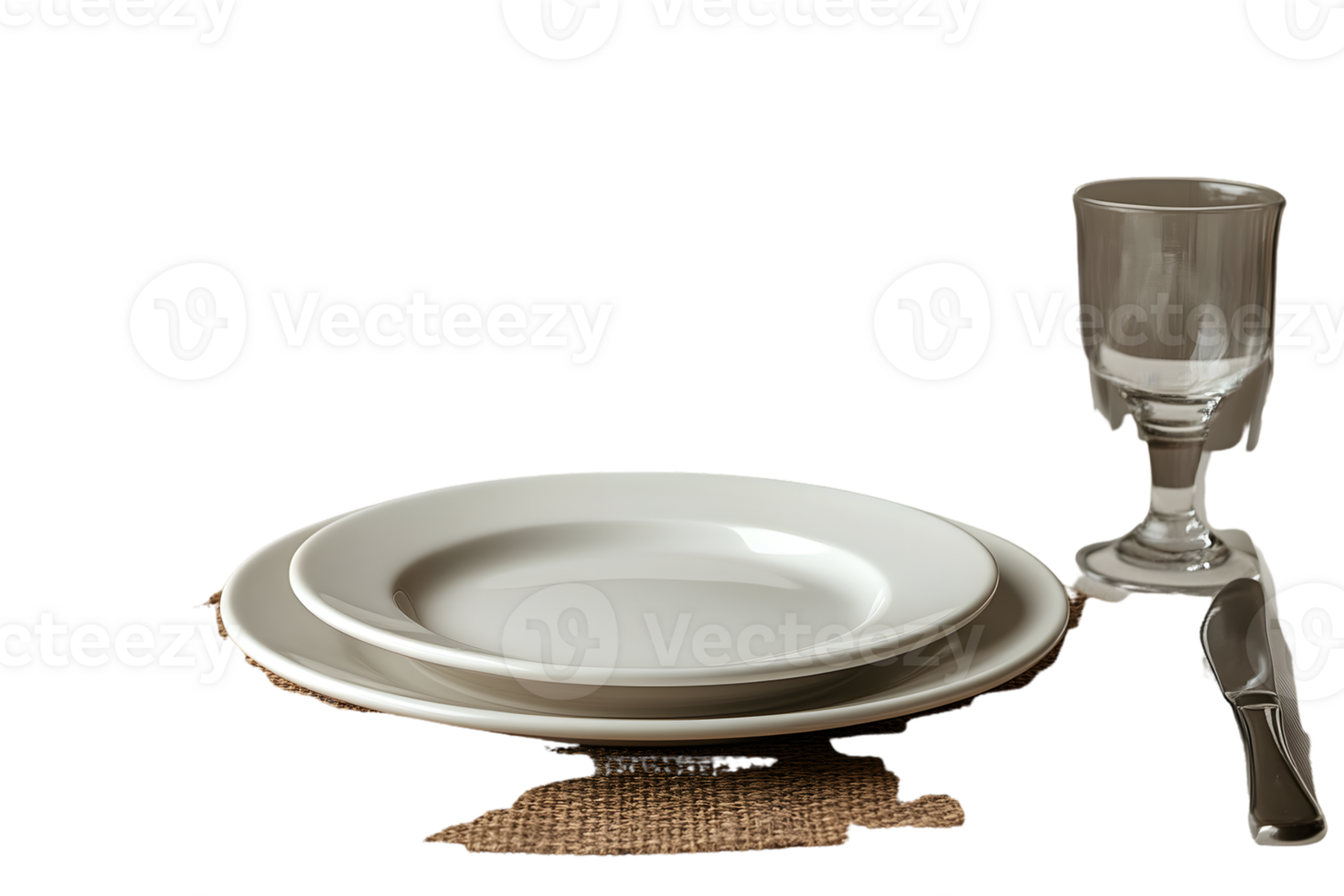 Elegant Table Setting with White Plates Glassware and Cutlery on Burlap Background for Dining png