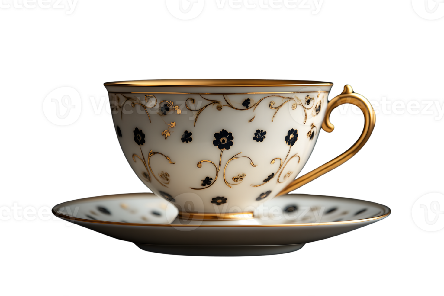 Elegant Teacup and Saucer with Gold and Black Floral Design on a Dark Background png