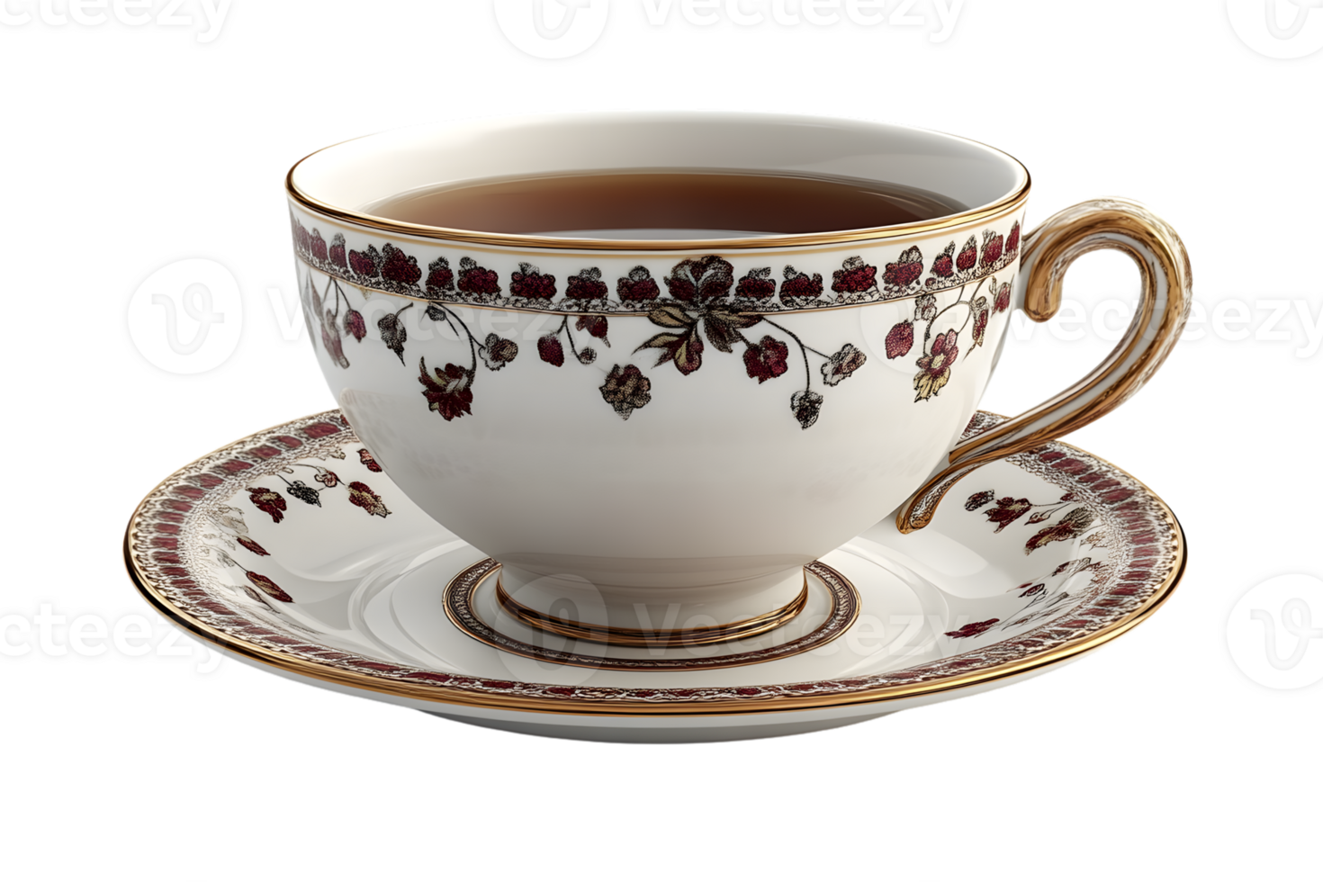 Elegant Teacup and Saucer with Floral Design Filled with Hot Beverage for Tea Time or Coffee Br png