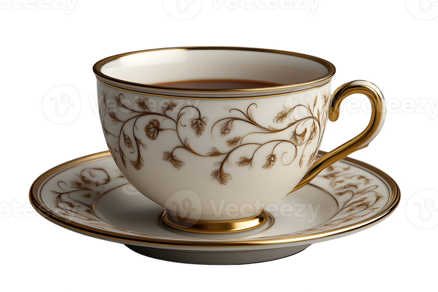 Elegant Teacup with Intricate Floral Design on a Saucer Perfect for Luxury and Vintage Themes png