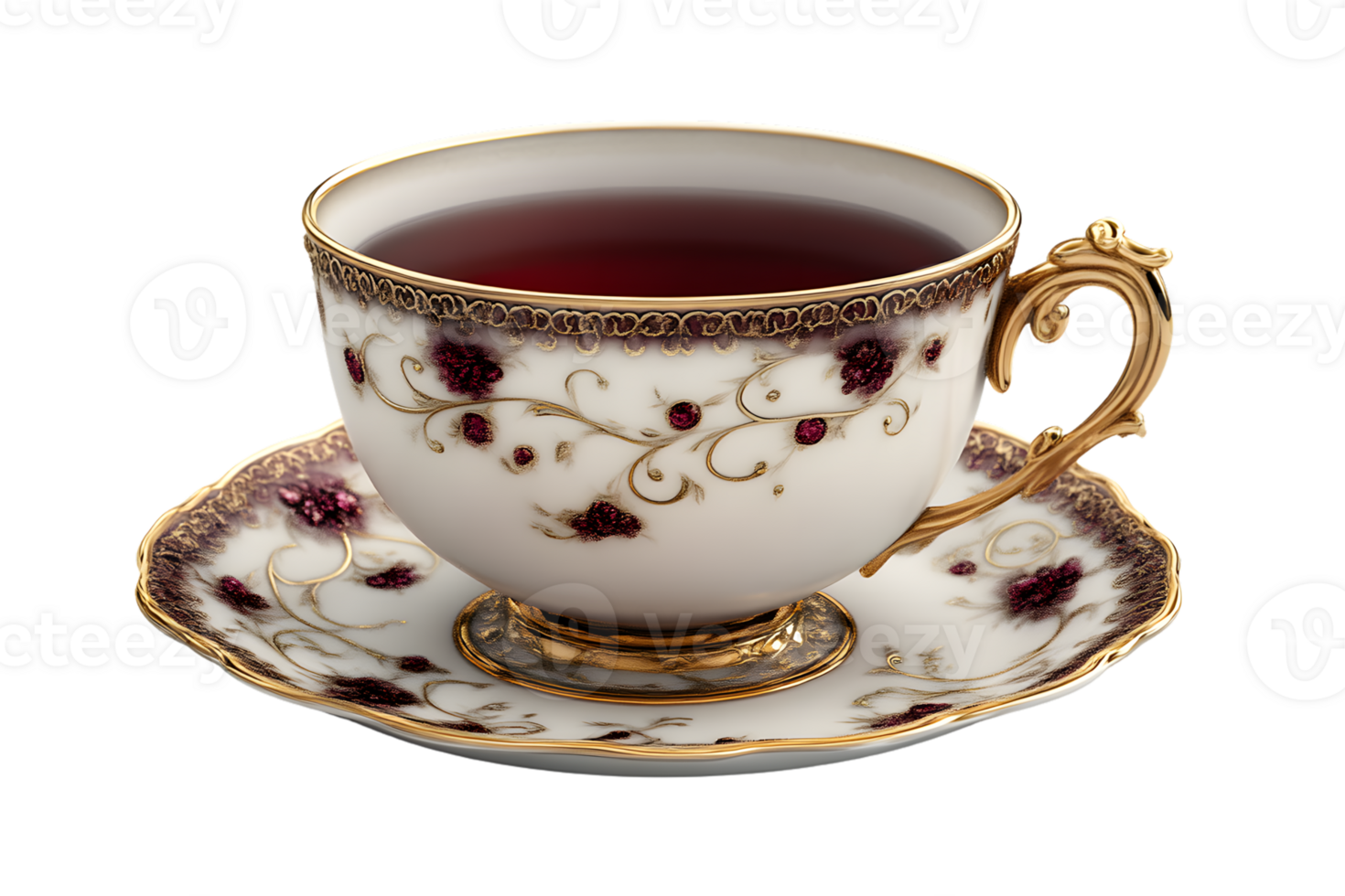 Elegant Teacup with Ornate Gold and Red Design Filled with Dark Beverage Perfect for Luxury V png
