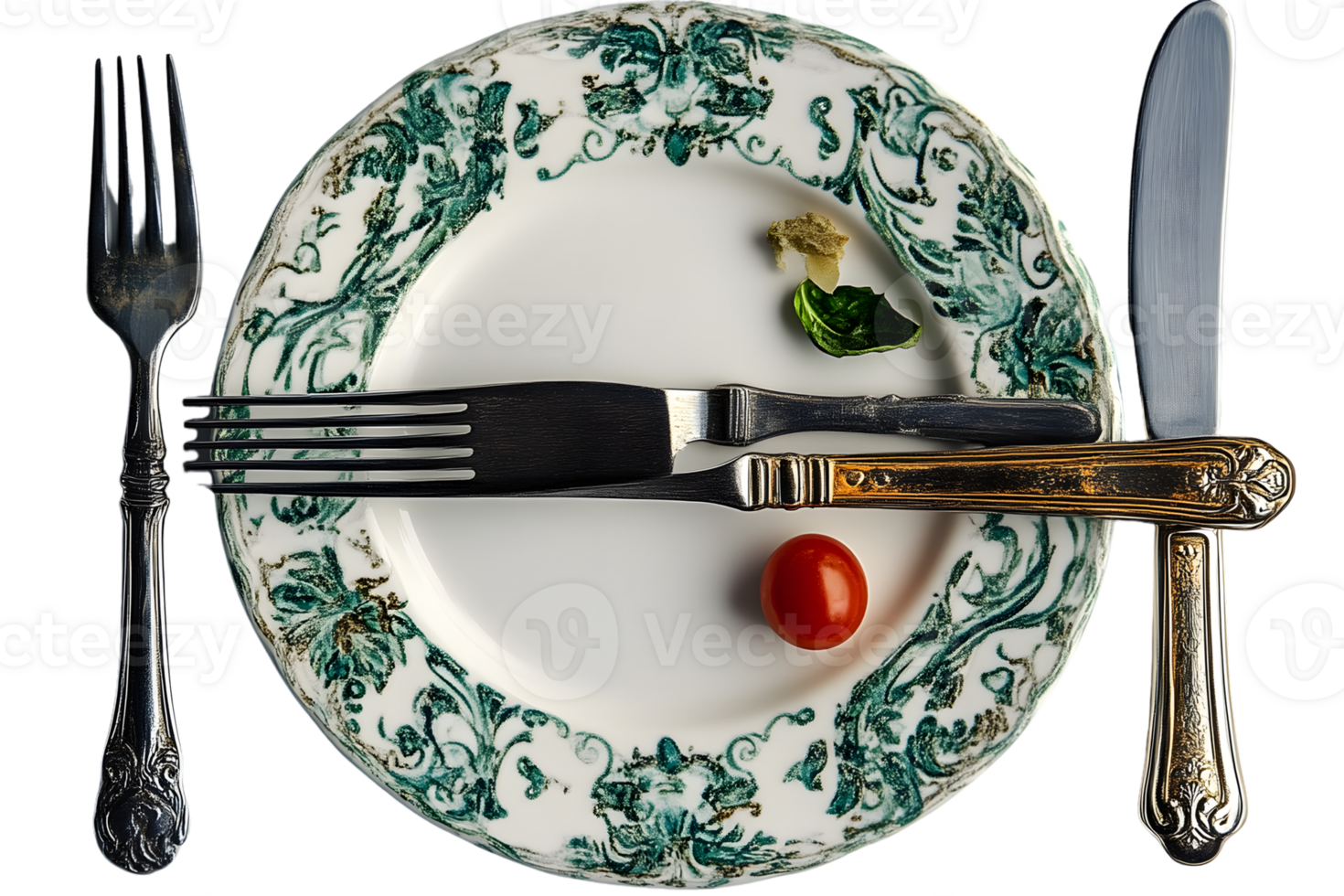 Empty Decorative Plate with Cutlery and Food Remnants png