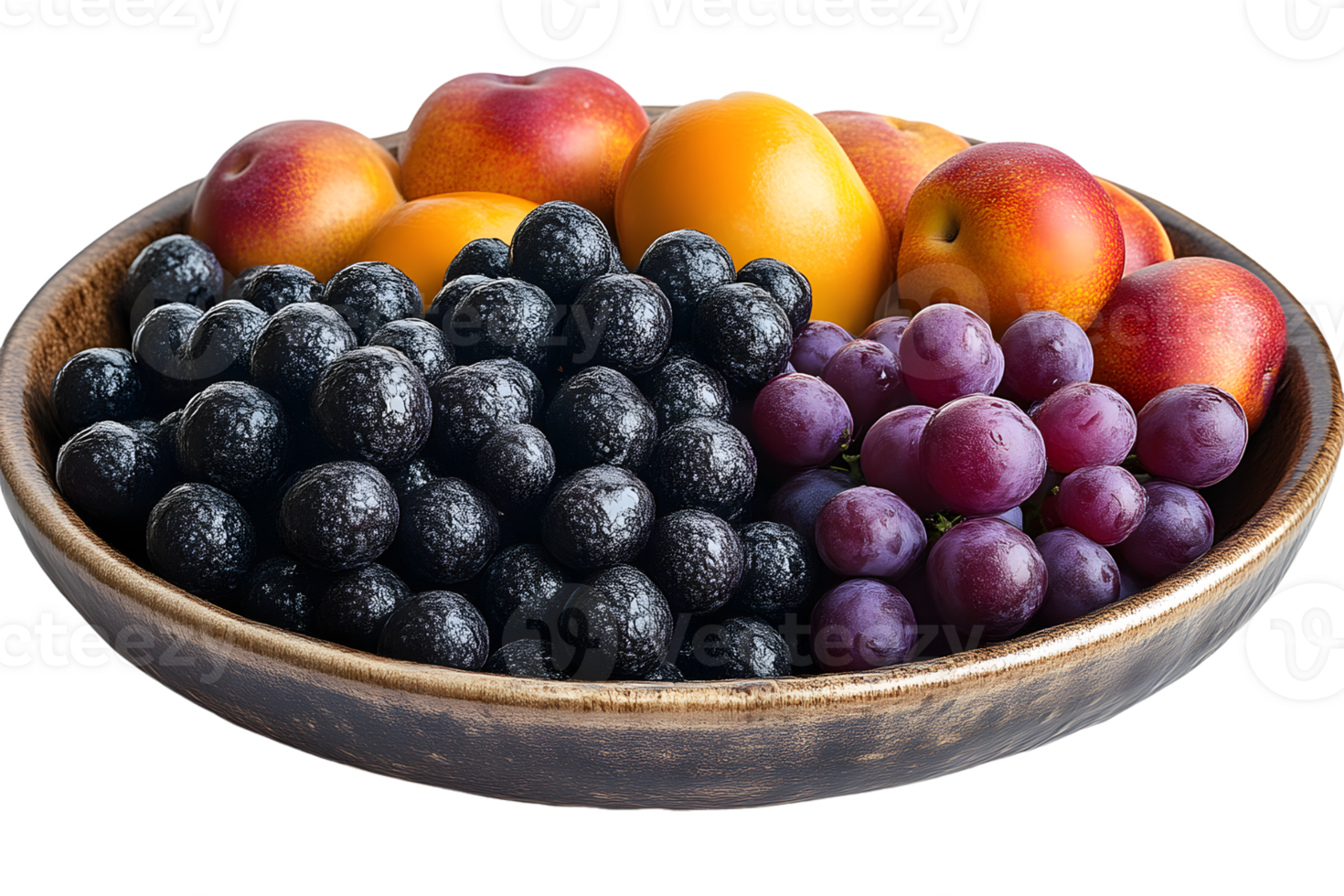 Fresh Fruit Bowl Nectarines Grapes and Berries in Wooden Dish png