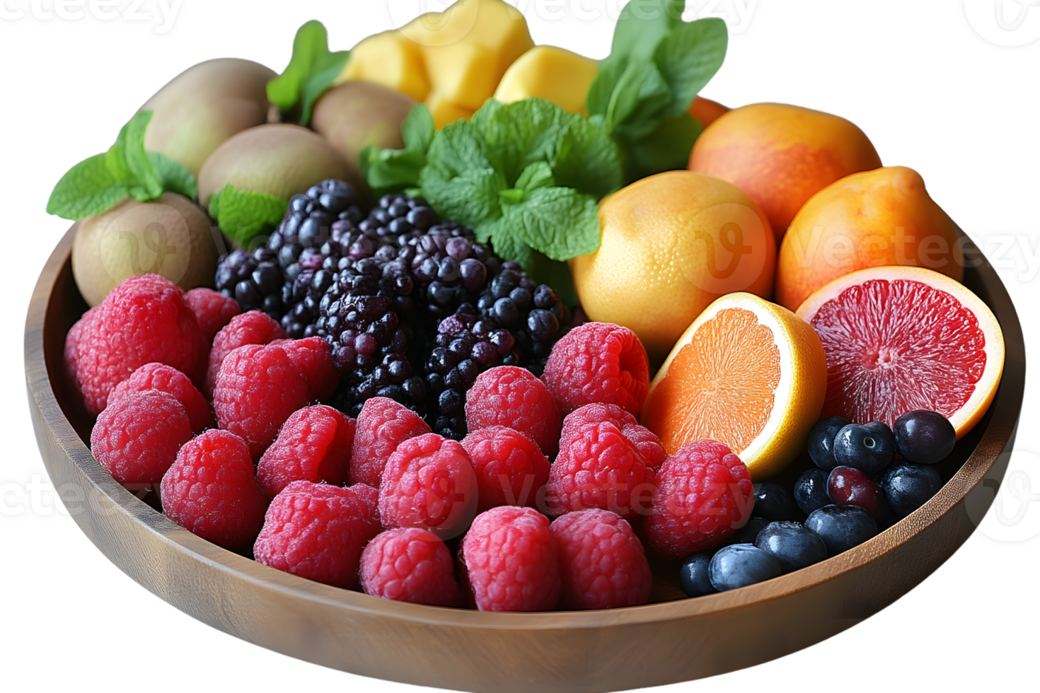 Fresh Fruit Platter Colorful Raspberries Blackberries Kiwi and Citrus in Wooden Bowl png