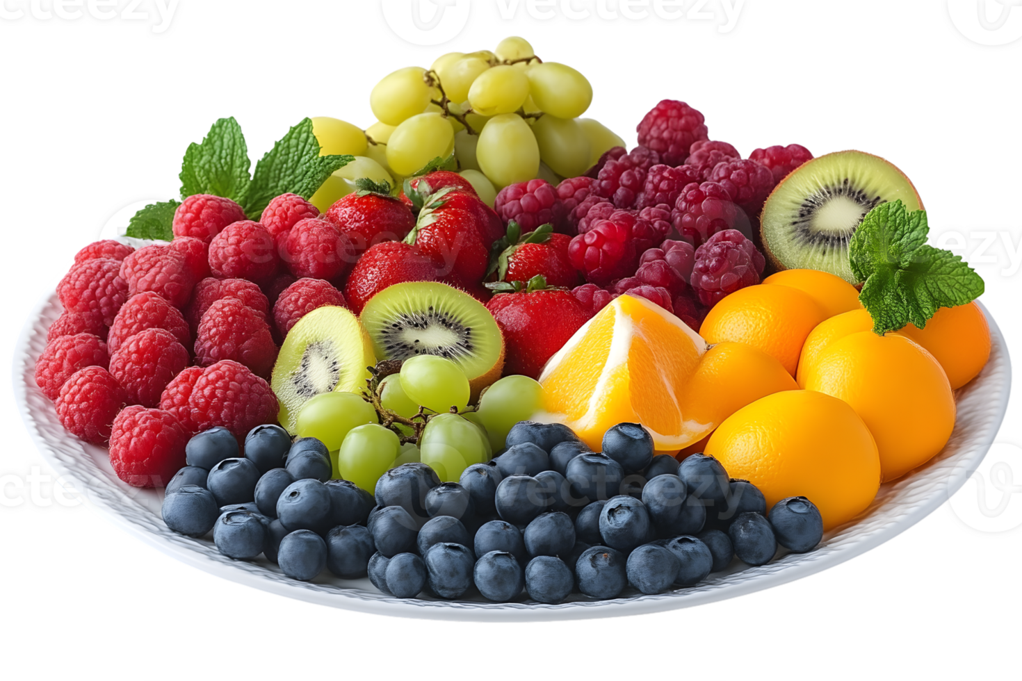 Fresh Fruit Platter Raspberries Strawberries Kiwi Grapes Blueberries png