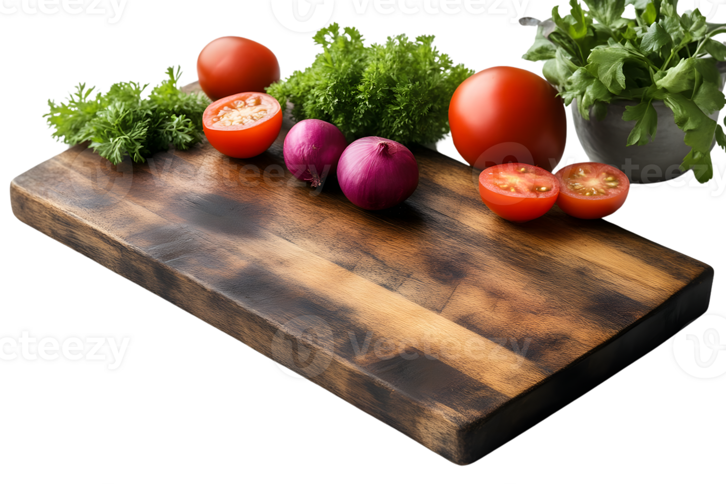 Fresh Vegetables and Herbs on Rustic Wooden Cutting Board png