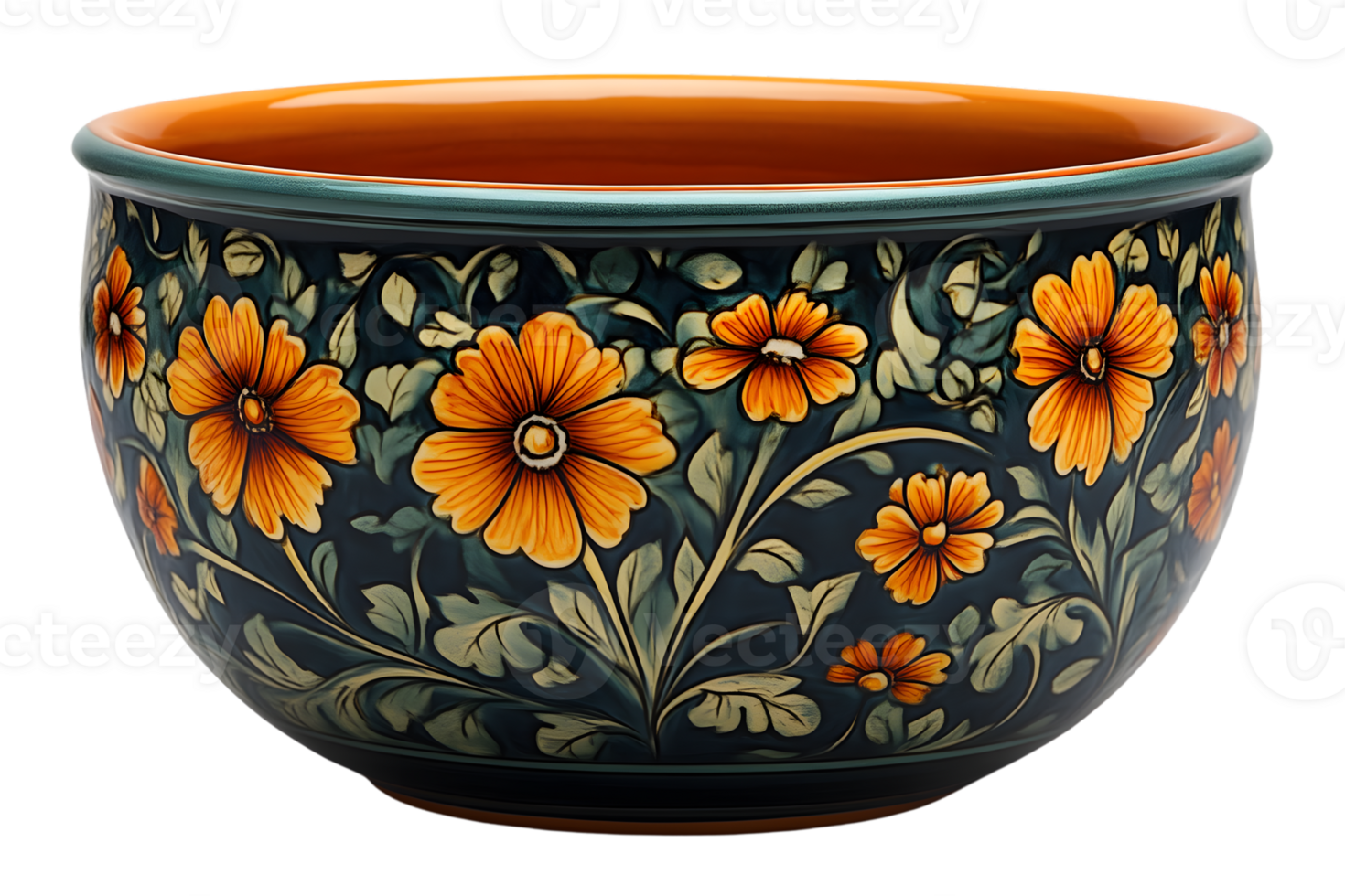 Handpainted ceramic bowl with floral design orange and teal colors home decor kitchenware png