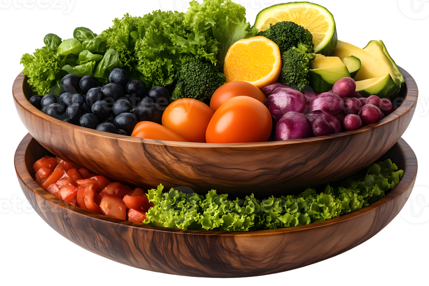 Healthy fruit and vegetable mix in wooden bowl png
