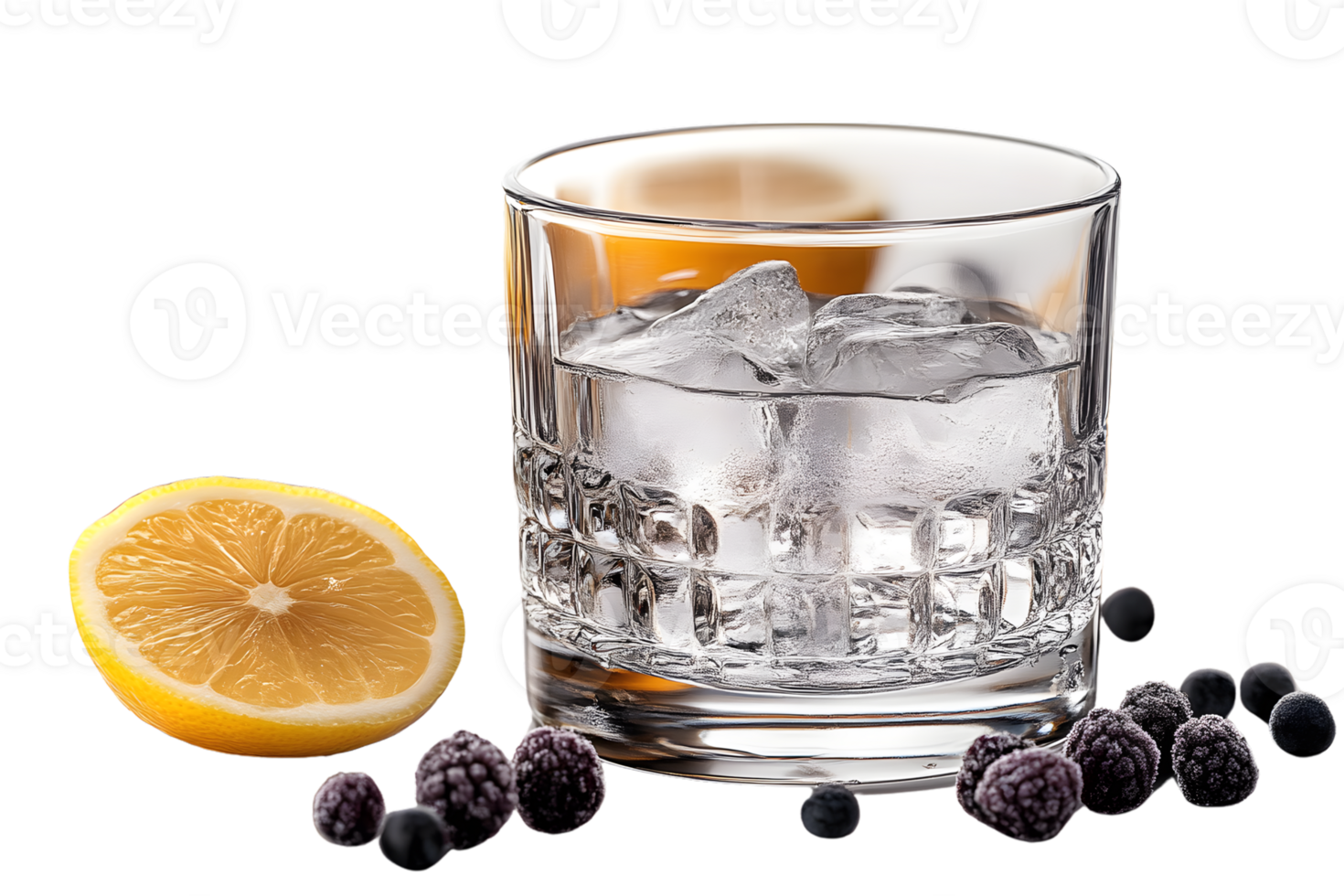 Refreshing iced drink with lemon and berries in a rocks glass png